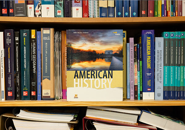 Bookshelves with a variety of history books.