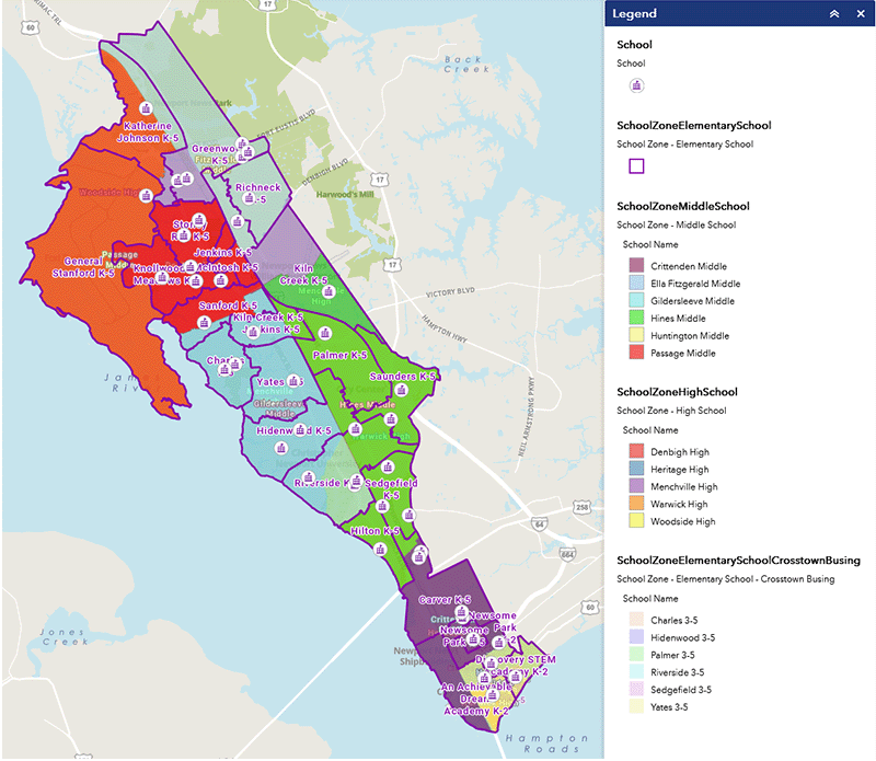 Current school zone map of Newport News, Virginia